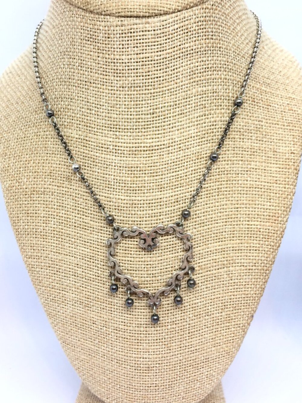 BRIGHTON SILVER TONE Heart Necklace Openwork Hematite Bead Dangle Pendant